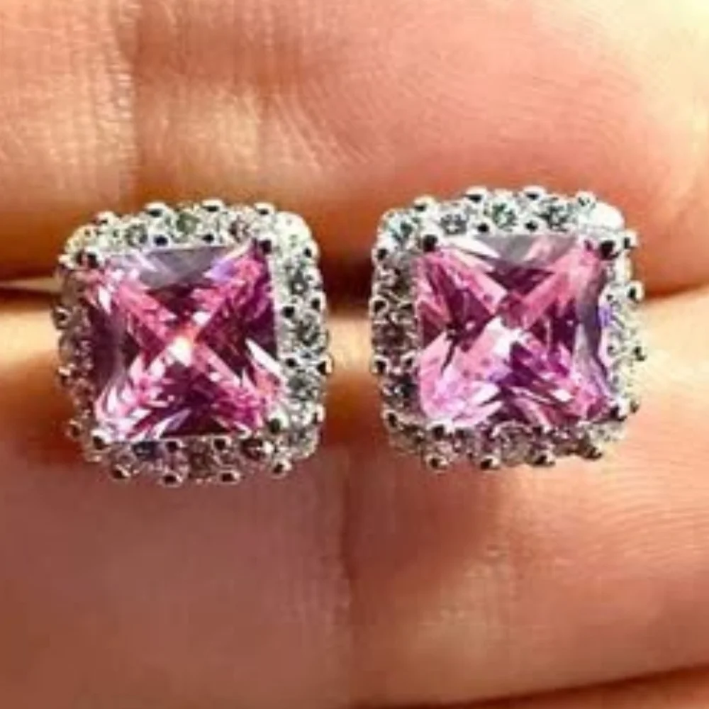 Pink Tourmaline Earrings Stud Sterling Silver 925, Cushion Cut Earrings, 9.9mm - Picture 4 of 10